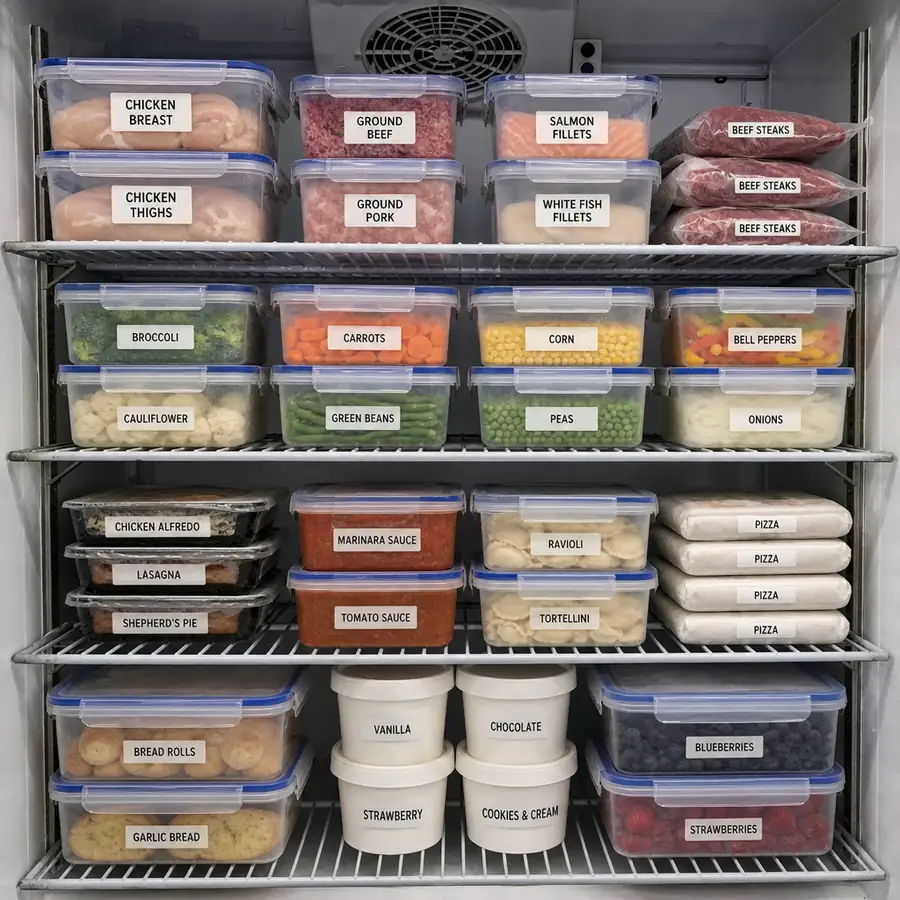 Organized commercial freezer interior with labeled containers of meats, vegetables, prepared meals, bread rolls, ice cream, and berries on wire shelving