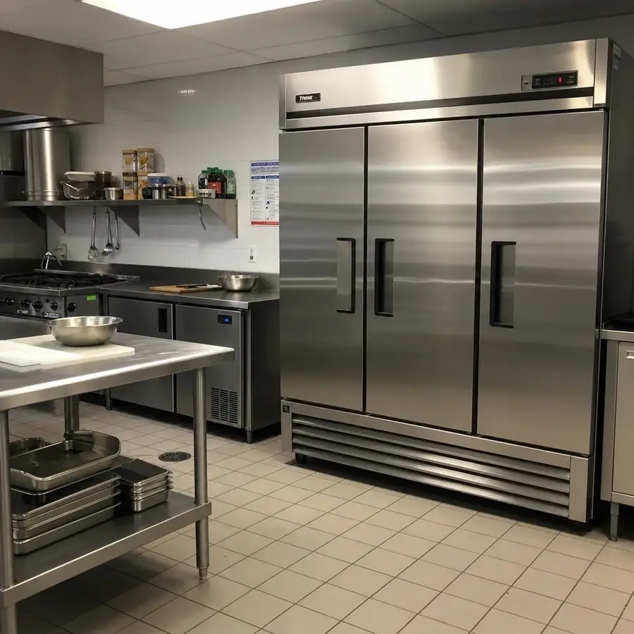 Three-door stainless steel commercial reach-in refrigerator in a professional kitchen with prep table, gas range, and undercounter refrigeration unit