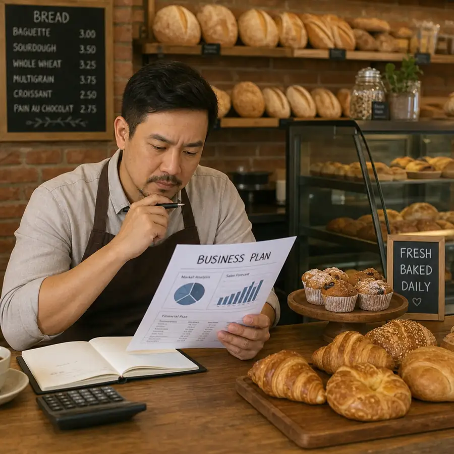 Bakery owner in a brown apron reviewing a Business Plan with market analysis charts, calculator, croissants, and muffins on a counter with fresh bread shelves