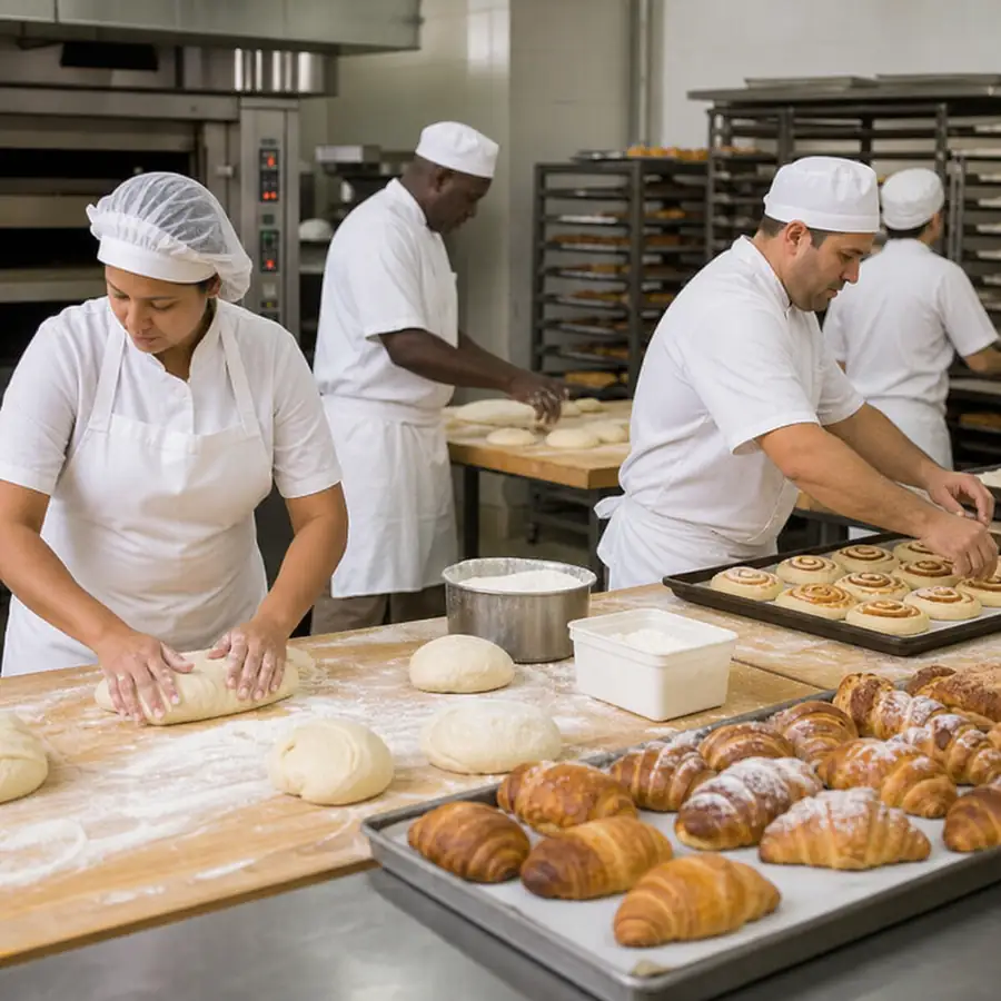 Bakers in white uniforms kneading dough and preparing croissants and cinnamon rolls in a commercial bakery with deck ovens and cooling racks