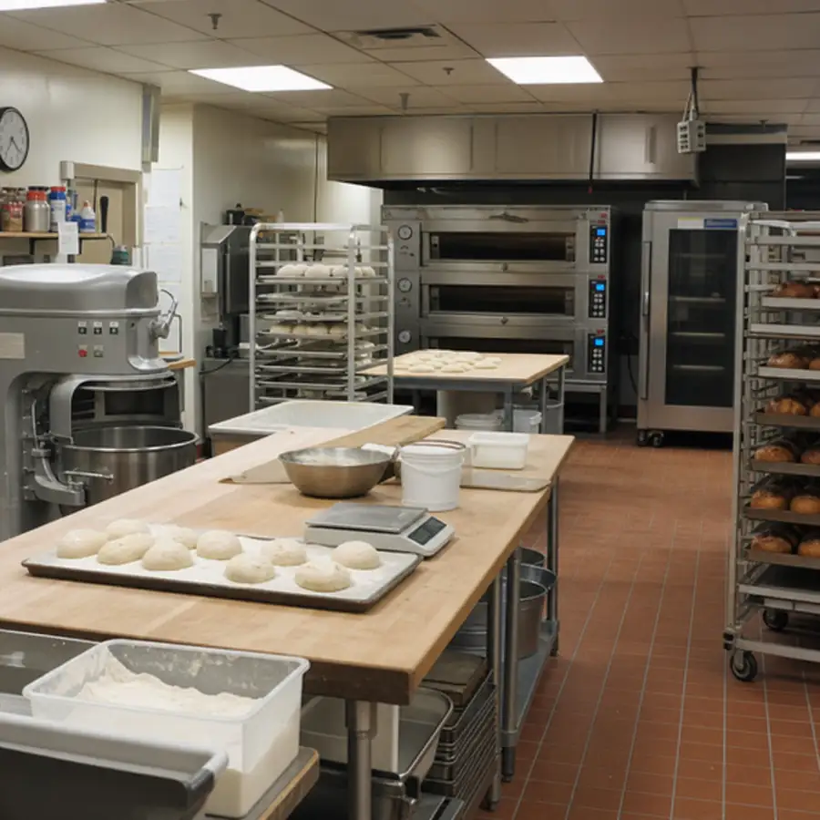 Professional commercial bakery kitchen with industrial deck ovens, planetary mixer, dough balls on a wooden prep table, and cooling racks of bread