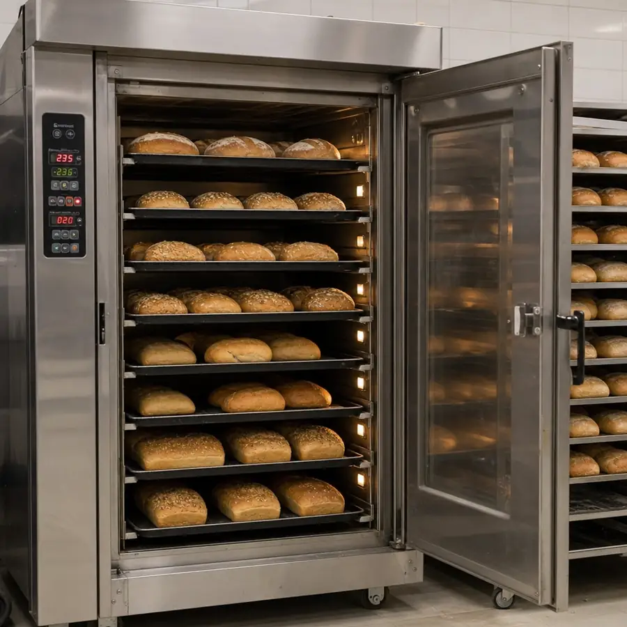 Commercial bakery rack oven with trays of baked bread loaves and a neighboring proofing rack