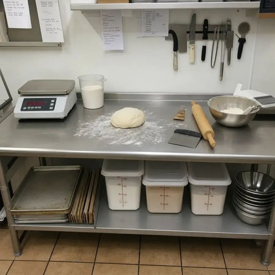 Bakery prep table with dough, digital scale, rolling pin, mixing bowl, sheet pans, and ingredient storage bins