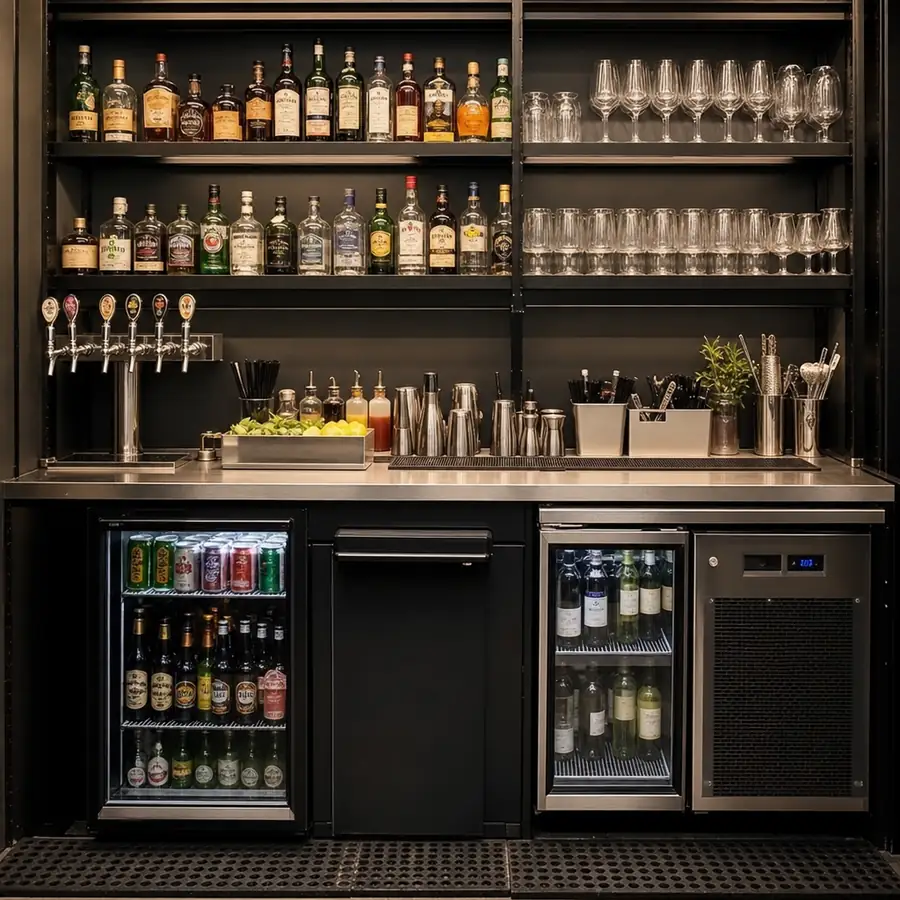 Commercial bar station with draft beer tower, back-bar coolers, bottled beer, wine fridge, and glassware shelves