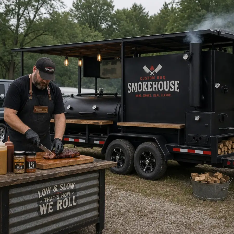 Pitmaster slicing smoked brisket beside a custom black BBQ smokehouse trailer with smokestack and string lights