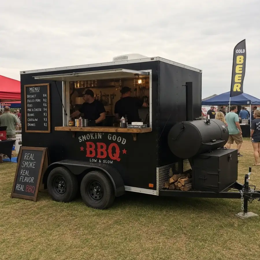 Matte black Smokin Good BBQ concession trailer with offset smoker, menu board, and outdoor festival crowd