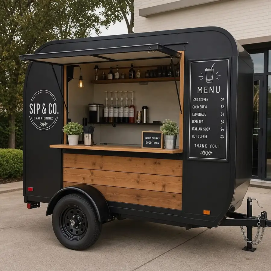 Compact black and wood beverage food trailer with Sip and Co branding, coffee and drink menu board, syrup bottles, and brewing equipment
