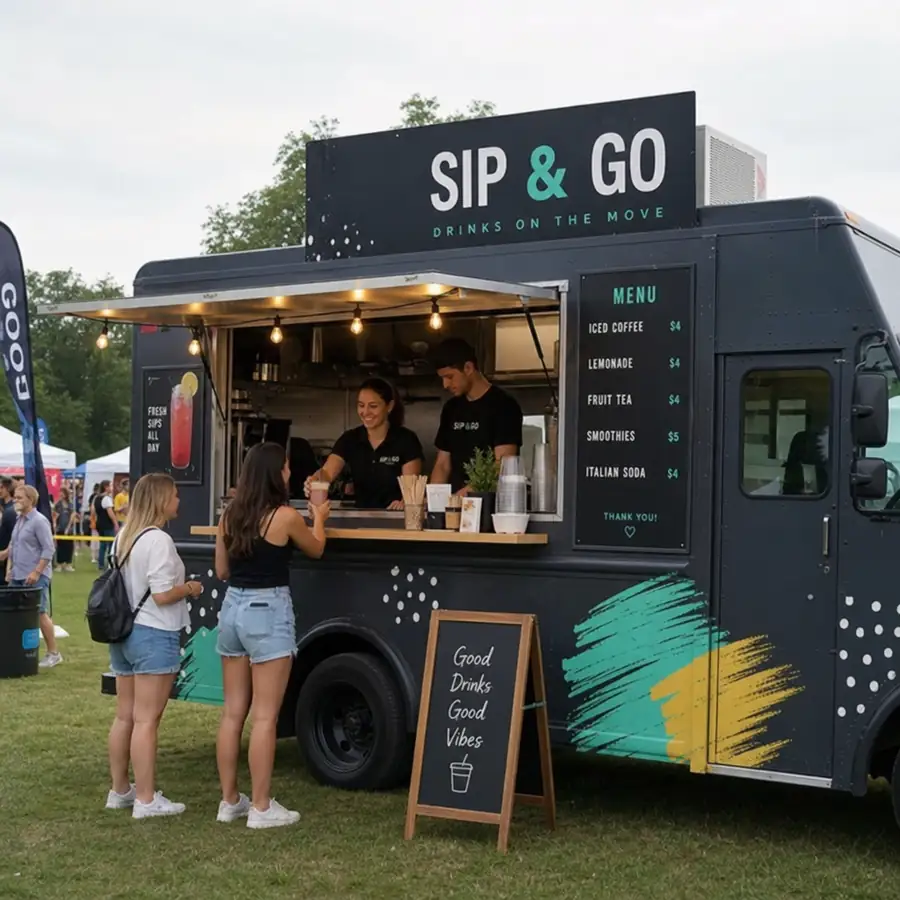 Black Sip and Go beverage food truck serving iced coffee, lemonade, and smoothies to customers at an outdoor festival with string lights and menu board
