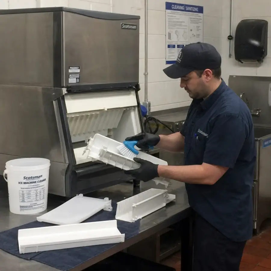 Technician brushing a white ice machine component beside an open unit, with cleaner and plastic panels on the counter