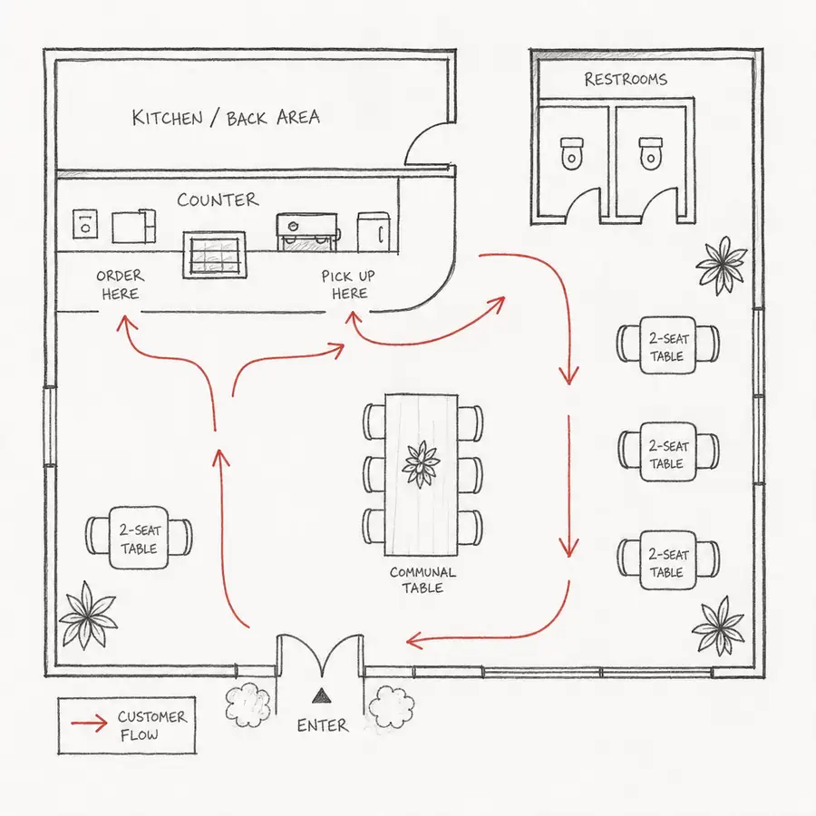 Coffee shop design and barista workflow layout with seating and service counter