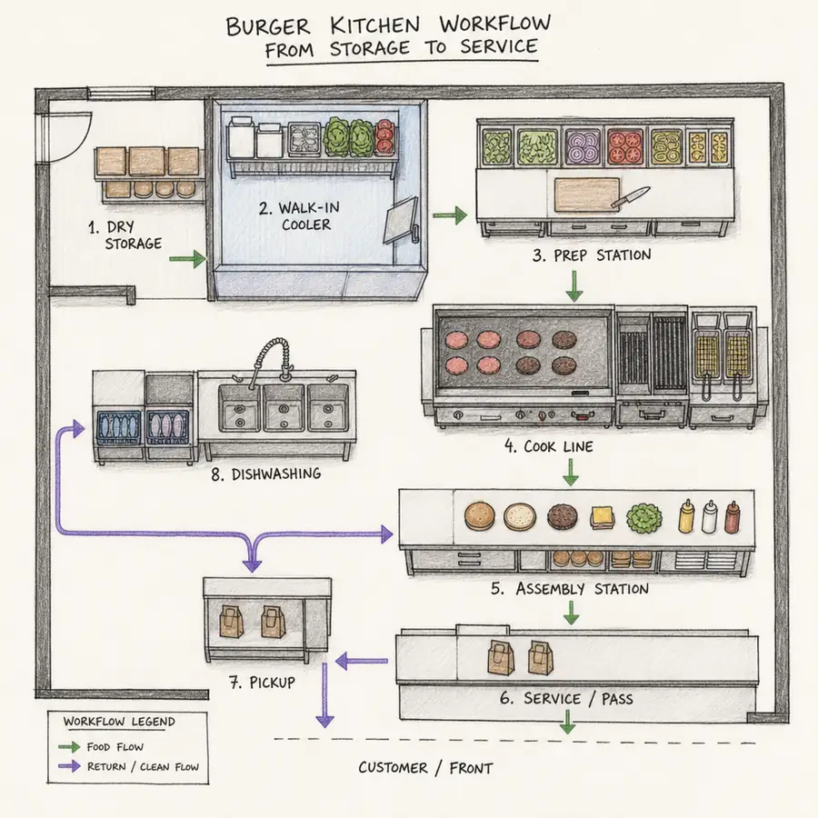 Illustrated burger kitchen workflow from dry storage and walk-in cooler through prep, cook line, assembly, service, pickup, and dishwashing