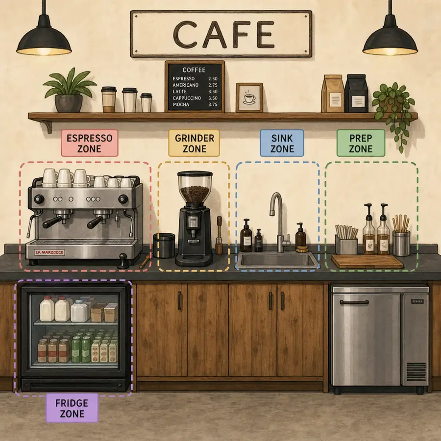 Cafe kitchen equipment including refrigeration and prep tools for back-of-house