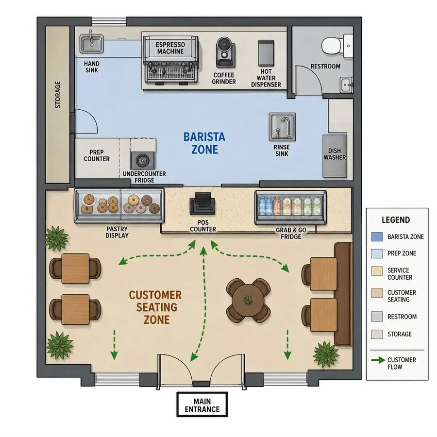 Cafe layout and equipment placement for espresso bar workflow and service speed