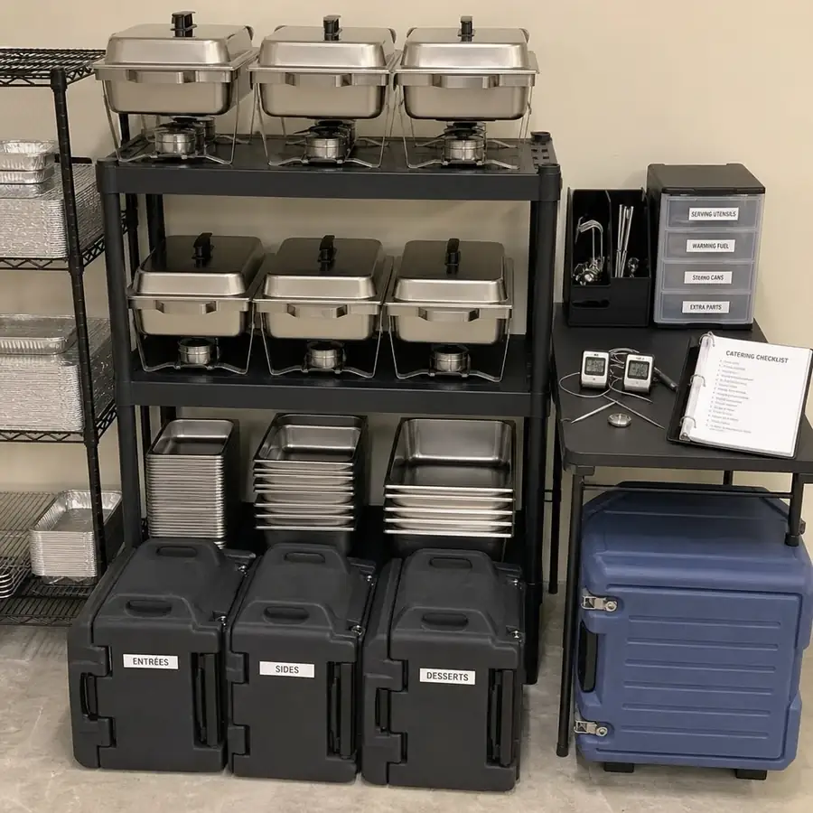 Catering equipment storage with stainless chafing dishes, hotel pans, insulated food carriers, thermometers, and a catering checklist