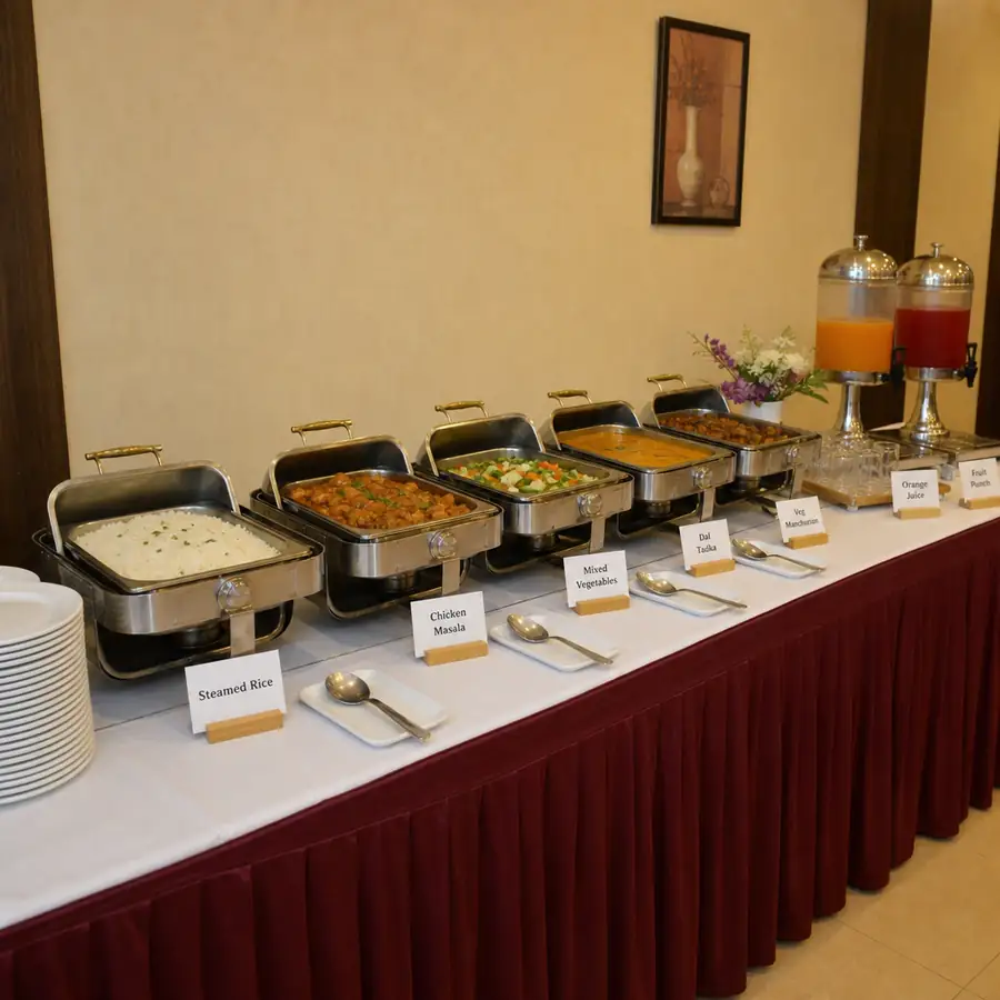 Buffet catering line with labeled chafing dishes for rice, chicken masala, vegetables, and beverage dispensers