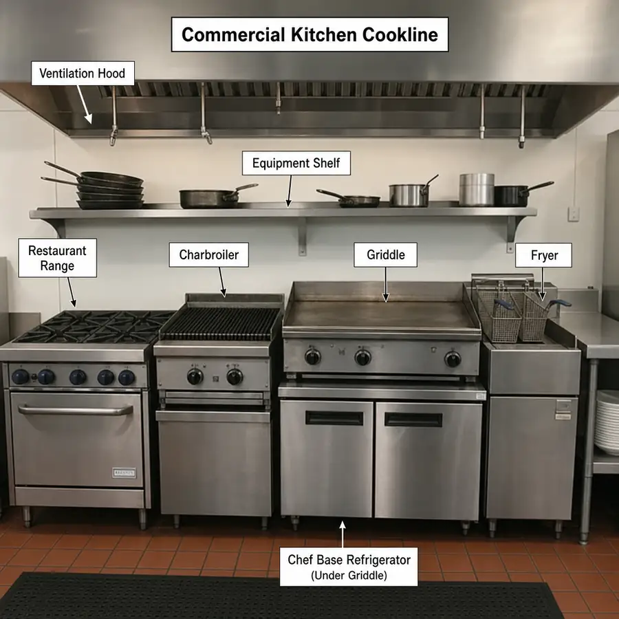 Labeled commercial cookline with a ventilation hood, restaurant range, charbroiler, griddle over a chef base refrigerator, and a fryer