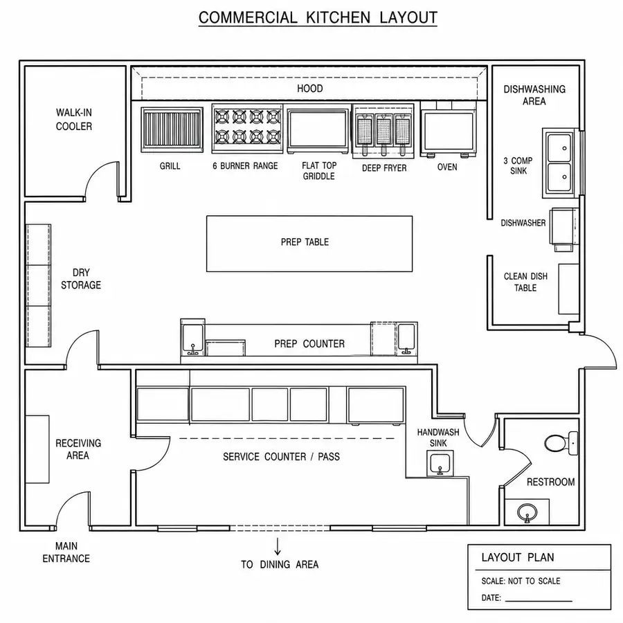 Commercial kitchen layout planning with prep cooking and cleaning zones