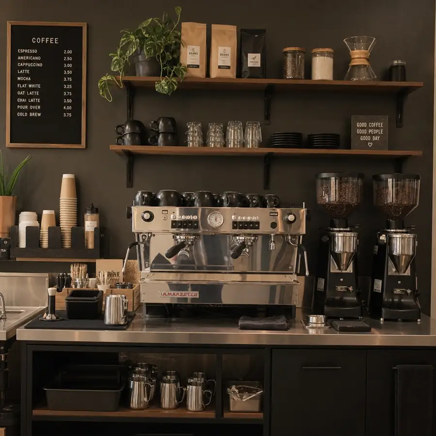 Professional cafe bar with commercial espresso machine, twin grinders, menu board, and barista tools