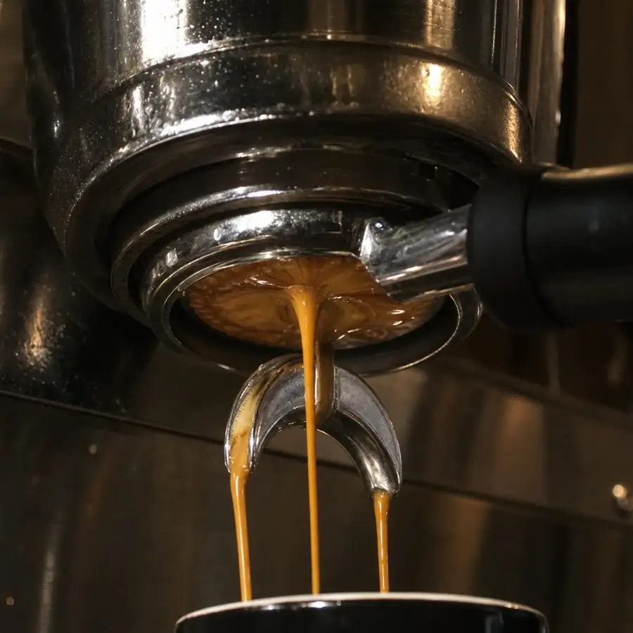 Barista steaming milk beside espresso machine and coffee grinders in a busy cafe