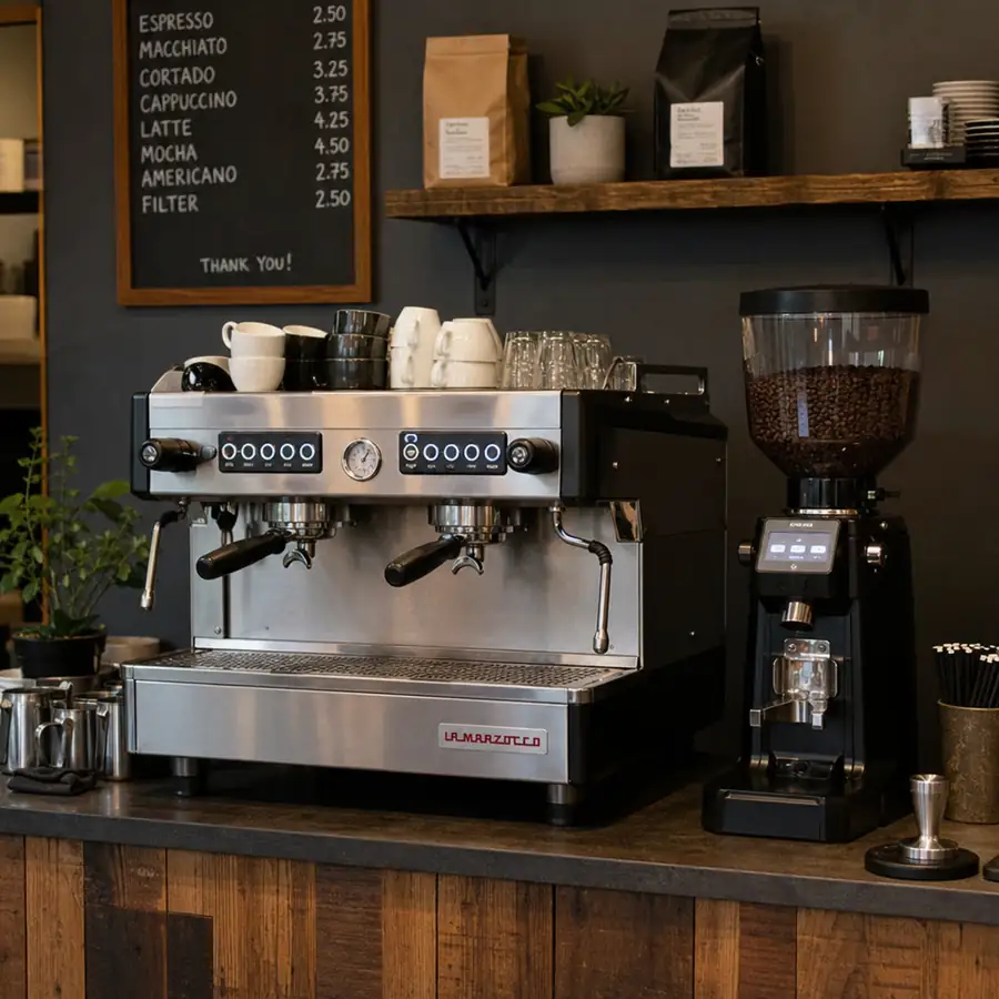 La Marzocco commercial espresso machine and coffee bean grinder on a cafe counter with a chalkboard drink menu and wooden shelves
