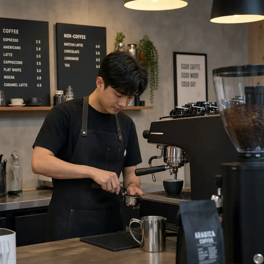 Professional barista in a black apron preparing espresso at a modern coffee shop counter with menu boards and Arabica coffee beans