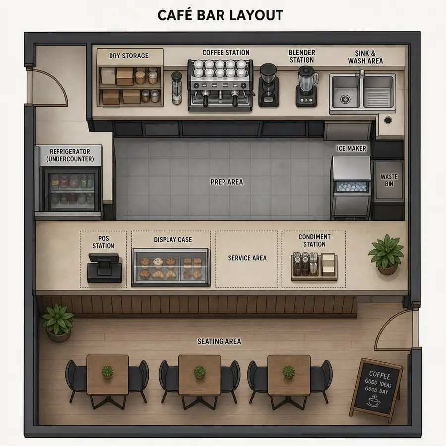 Coffee shop espresso bar with commercial espresso machine and barista workflow