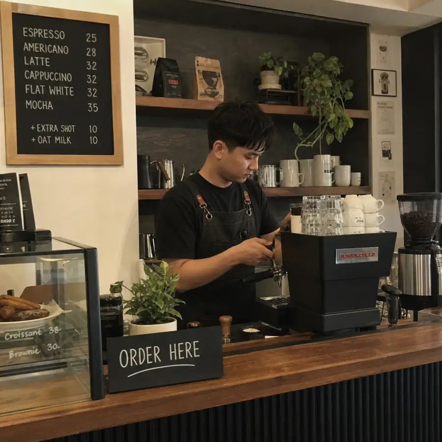 Barista pulling espresso at a café bar with espresso machine, coffee grinder, pastry display case, and drink menu board