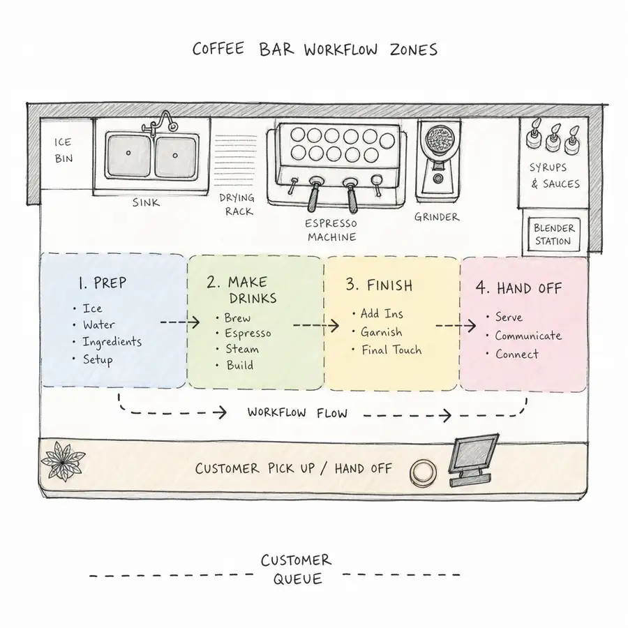 Coffee bar workflow diagram with prep, make drinks, finish, and hand-off zones around an espresso machine, grinder, ice bin, and blender station