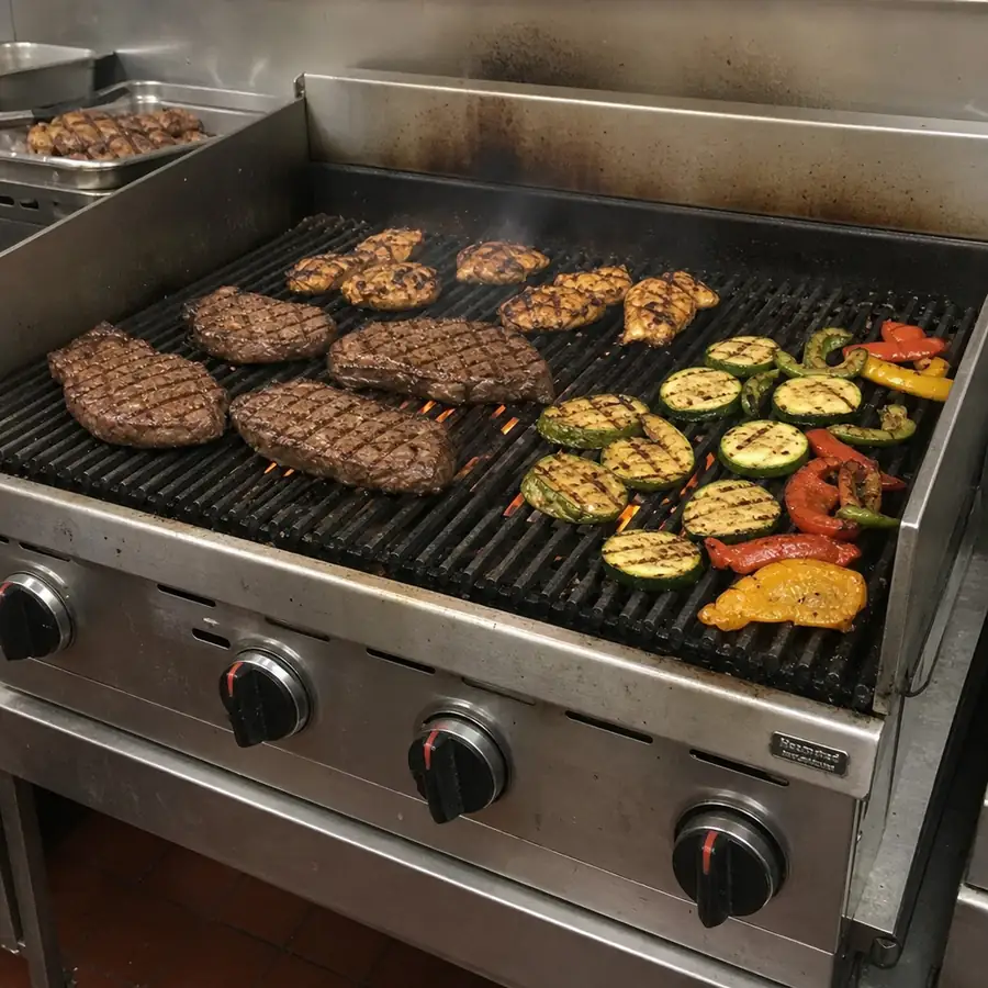 Stainless commercial charbroiler grilling steaks, chicken, zucchini, and peppers over open flames