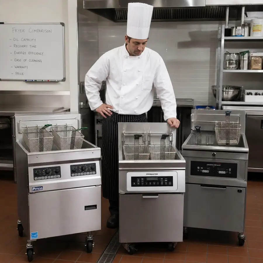 Stainless steel commercial deep fryer with dual baskets in hot oil for restaurant frying stations