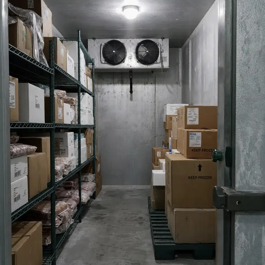Large walk-in freezer interior used for bulk restaurant frozen storage