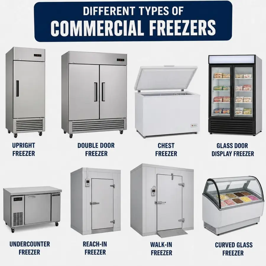 Commercial walk-in freezer storage area with organized frozen food shelving