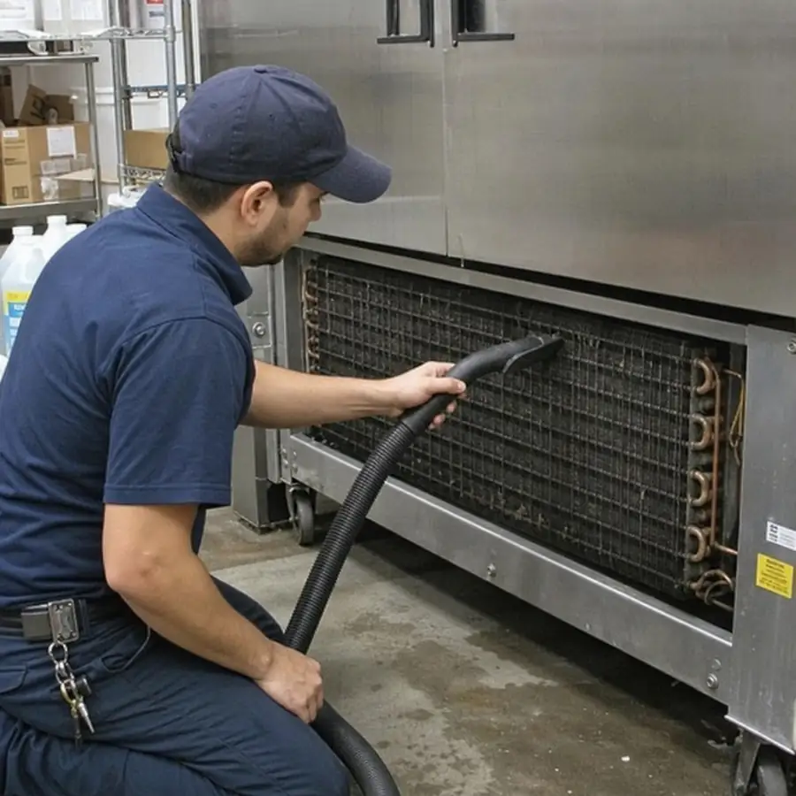 Technician vacuuming dusty condenser coils under a stainless commercial freezer