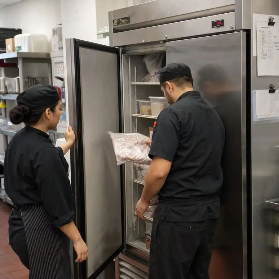 Two kitchen staff loading a bag of frozen product into an open stainless True reach-in freezer