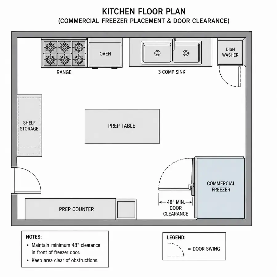 Kitchen floor plan showing commercial freezer placement, a 48-inch door-clearance arc, a range, oven, three-compartment sink, and prep table