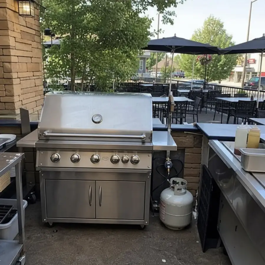Stainless steel commercial outdoor propane grill with six burners on a restaurant patio with tables and umbrellas