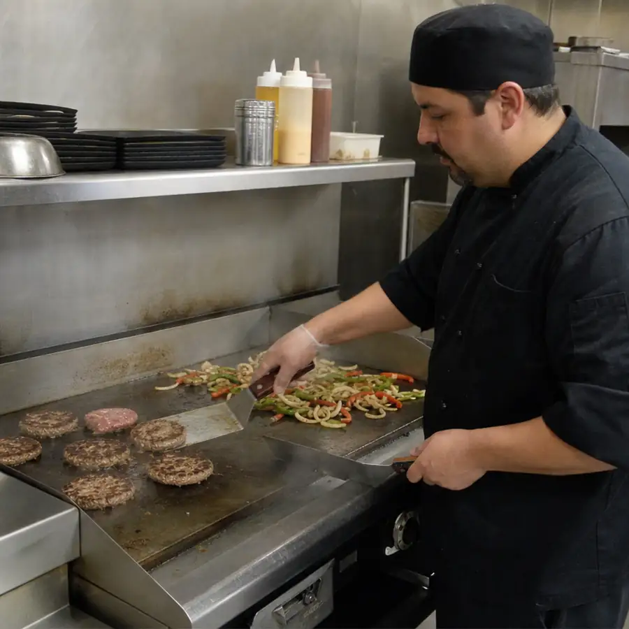 Chef in black uniform cooking burger patties and sauteing peppers and onions on a commercial flat top griddle in a restaurant kitchen
