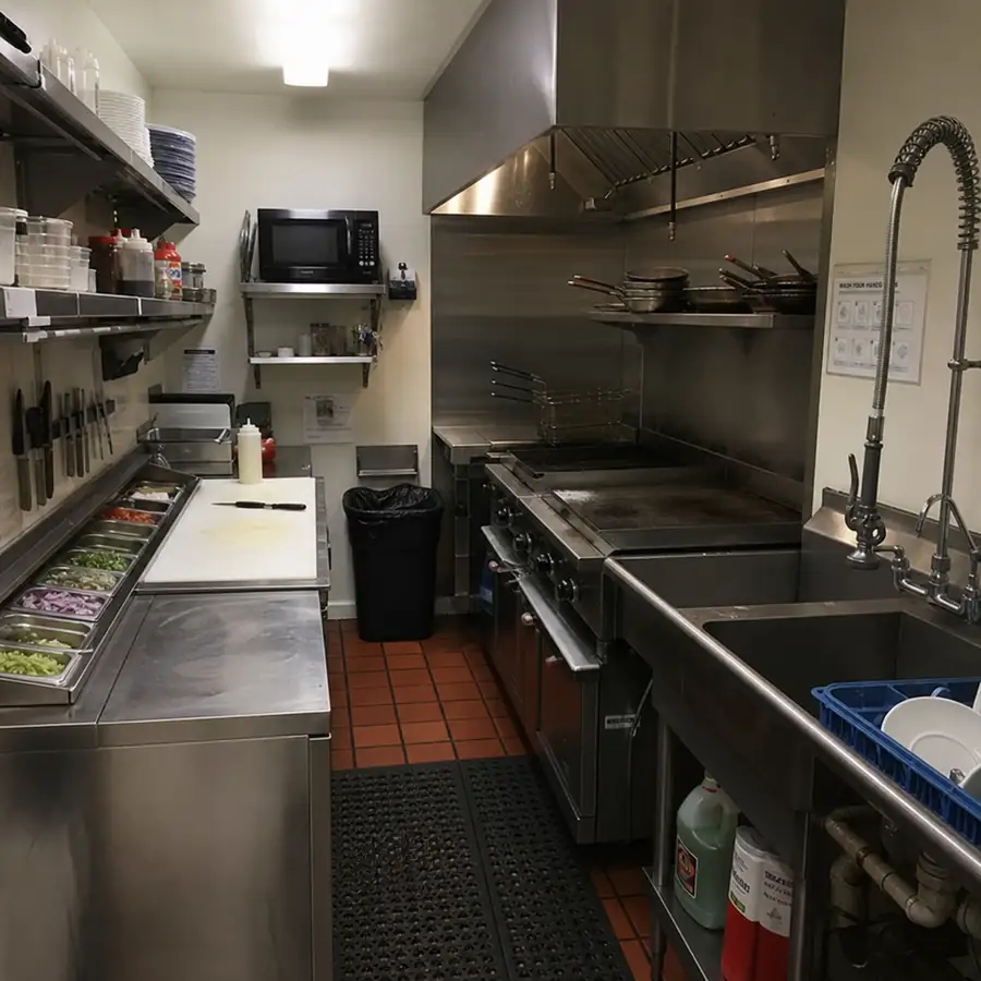 Narrow commercial kitchen galley with prep counter, cutting board, flat-top griddle, exhaust hood, and dish sink