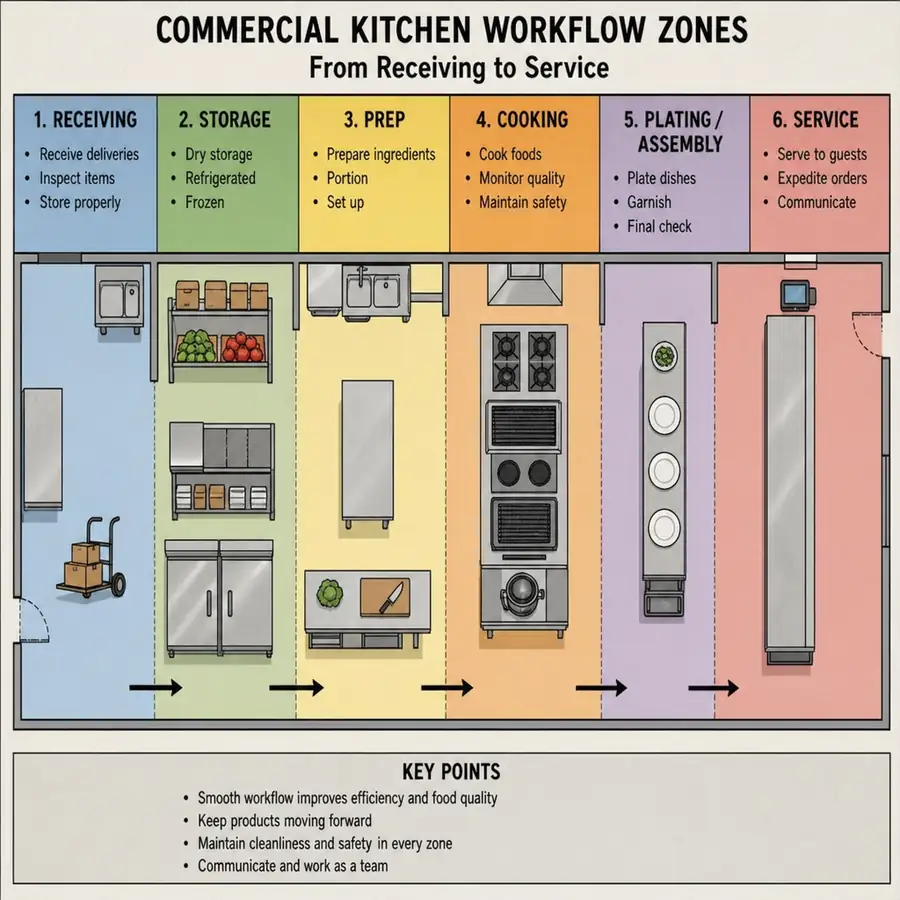 Commercial kitchen workflow diagram from receiving and storage through prep, cooking, plating, and service