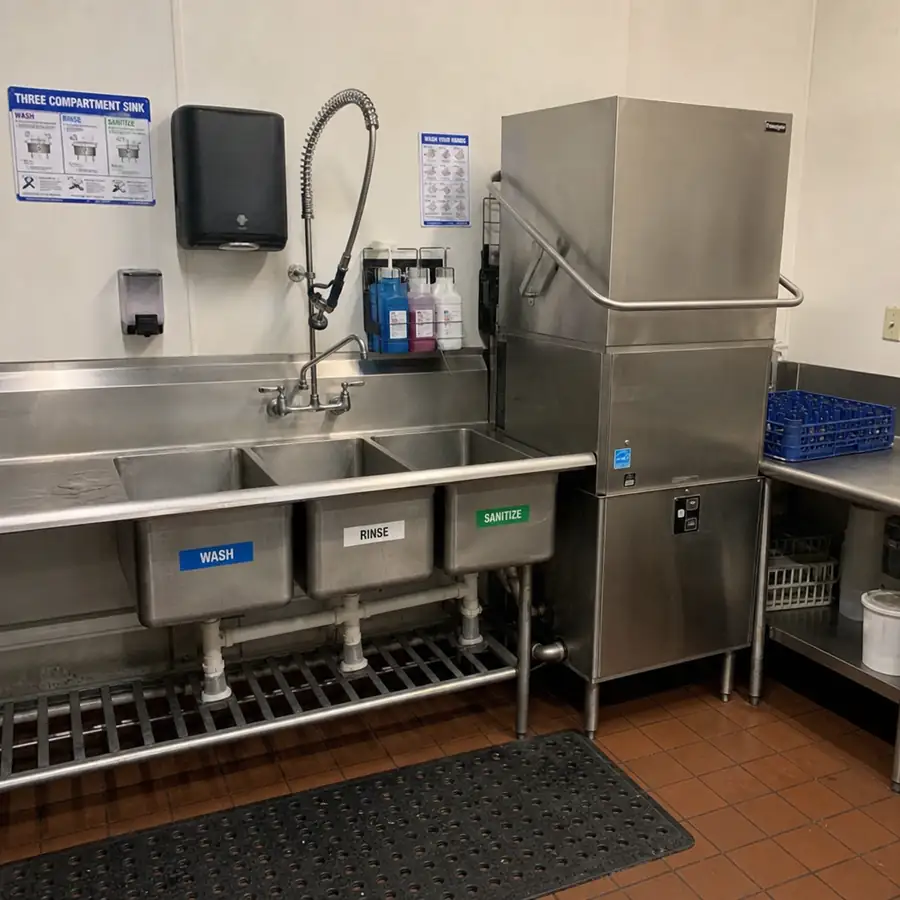 Warewashing and storage area with dishwashing and organization equipment