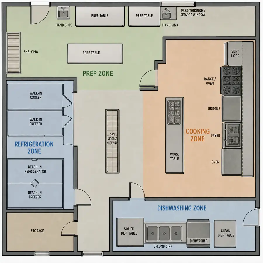Commercial kitchen floor plan with prep, refrigeration, cooking, and dishwashing zones, including walk-in cooler, range, griddle, fryer, and three-compartment sink