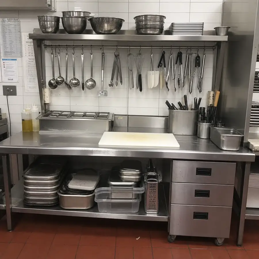 Commercial kitchen mixing bowls, measuring tools, and food prep utensils