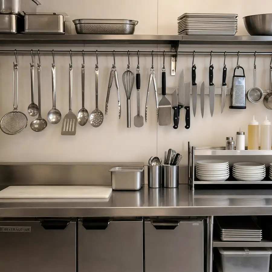 Stainless steel commercial kitchen utensils including tongs, ladles, and serving tools
