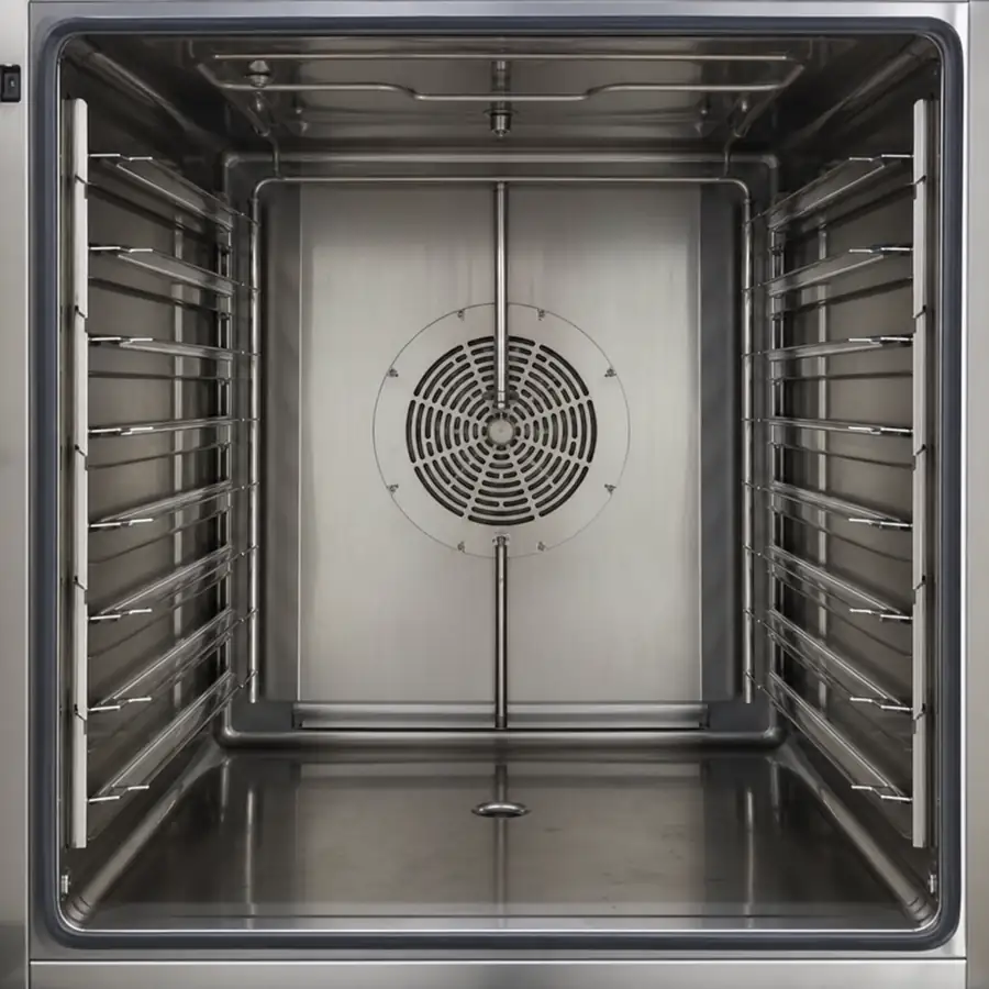 Chef using a commercial oven control panel in a professional kitchen