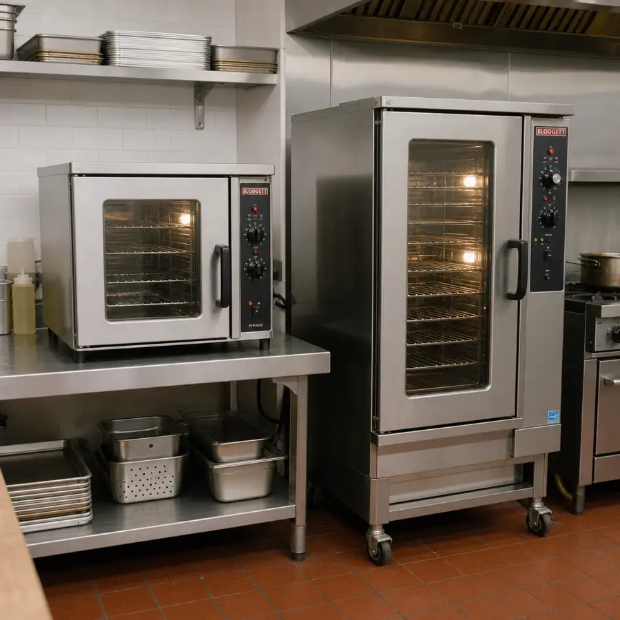 Stainless steel commercial oven lineup showing different oven types for foodservice