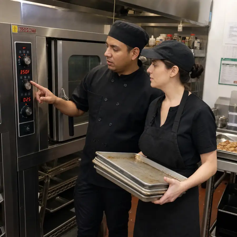 Commercial convection oven with racks of baked goods in a restaurant kitchen