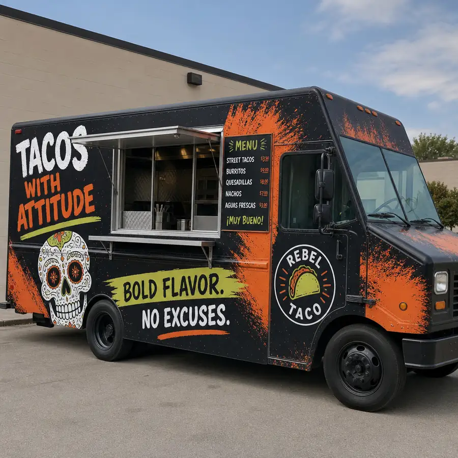 Custom food truck interior and exterior design layout showing a mobile kitchen workflow with service window, prep stations, and commercial cooking equipment