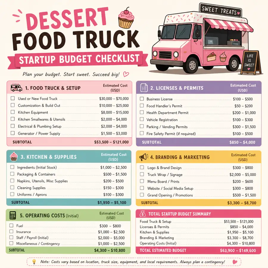 Dessert food truck startup cost planning image showing a mobile ice cream concession trailer with commercial soft serve equipment and dessert branding