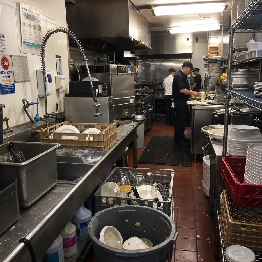 Commercial kitchen dishwashing area with stainless steel dish machine equipment for restaurants