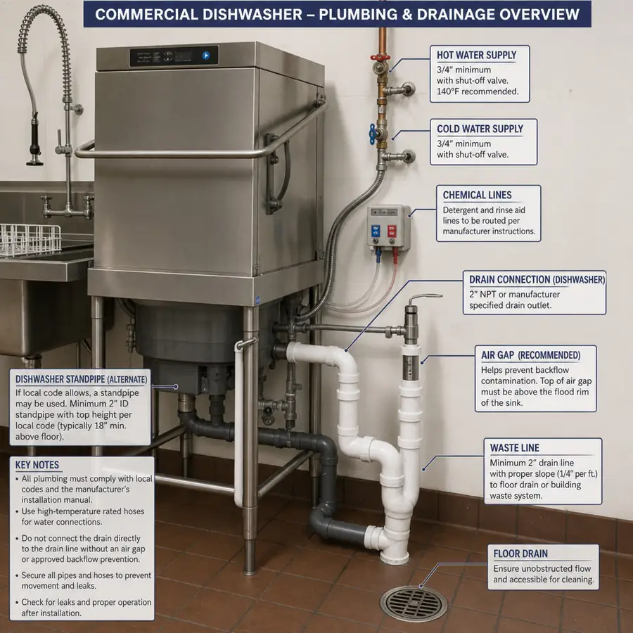 Commercial dishwasher installation plumbing drainage and energy efficiency considerations